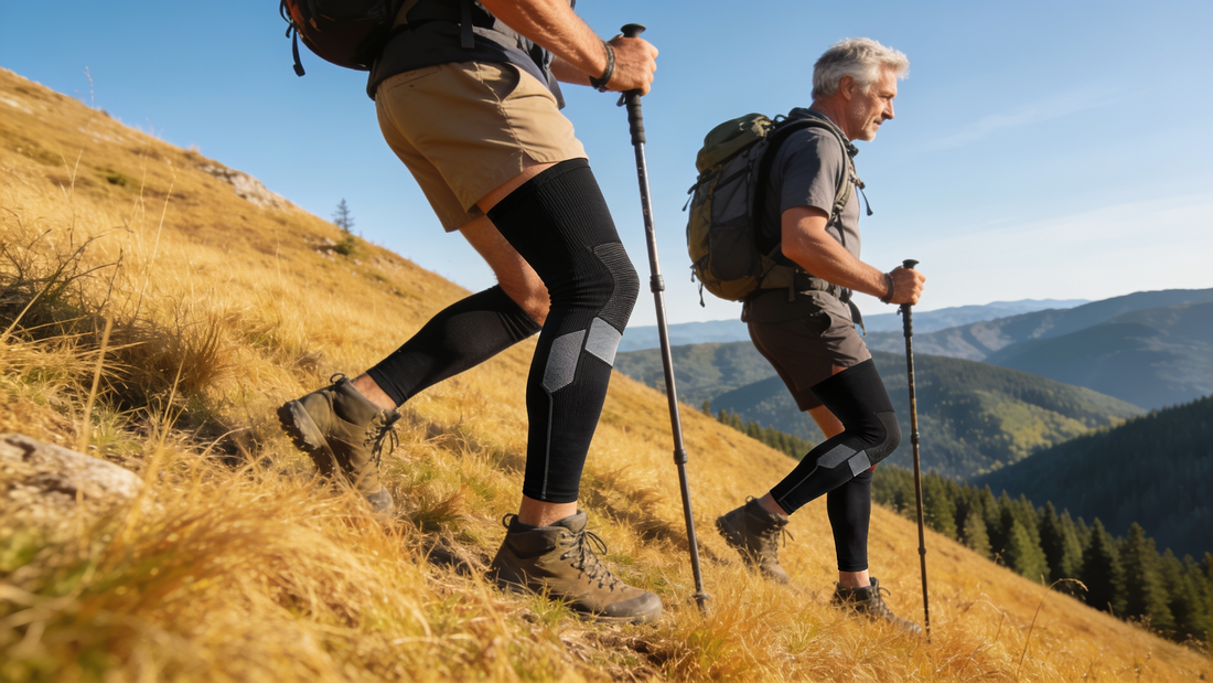 Randonneurs en descente portant des manchons de compression