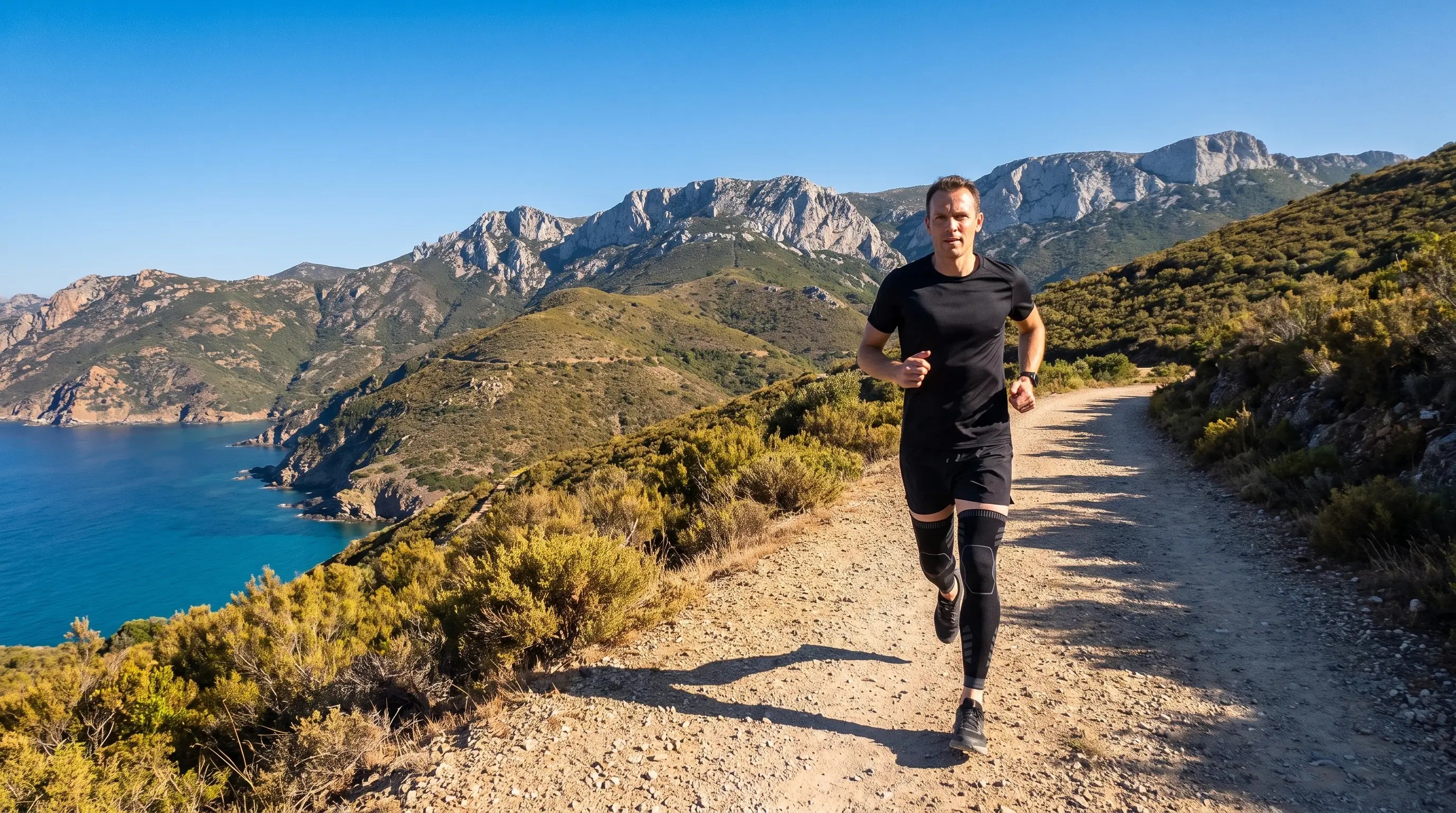 Coureur portant les manchons de compression jambe entière sur un sentier côtier