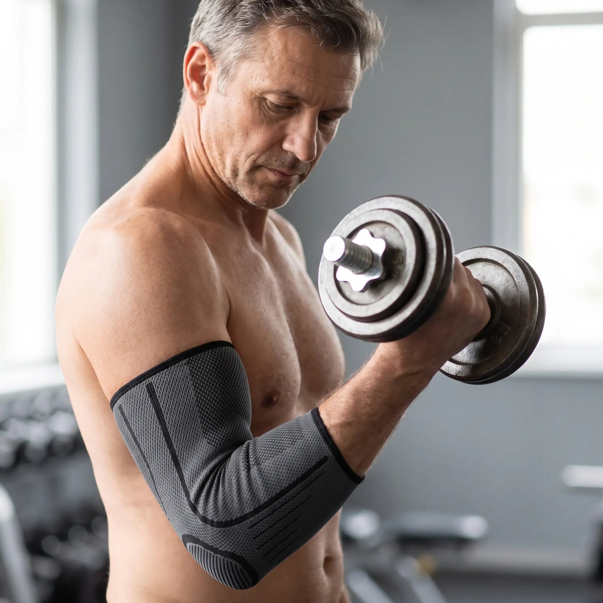Homme en salle de sport portant la coudière de compression Flexnea