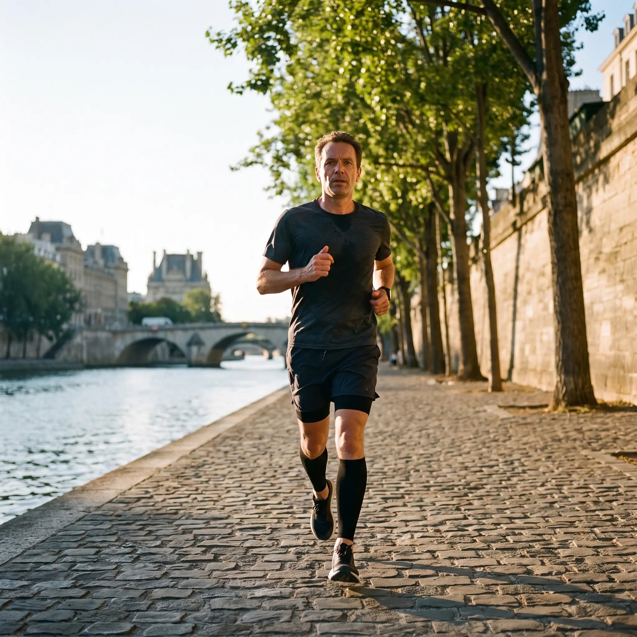 Coureur portant les manchons de compression mollet Flexnea au bord de l'eau