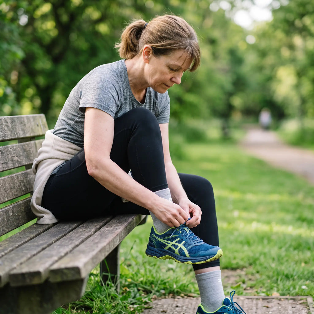 Femme laçant sa chaussure de course avec les chevillères de compression Flexnea