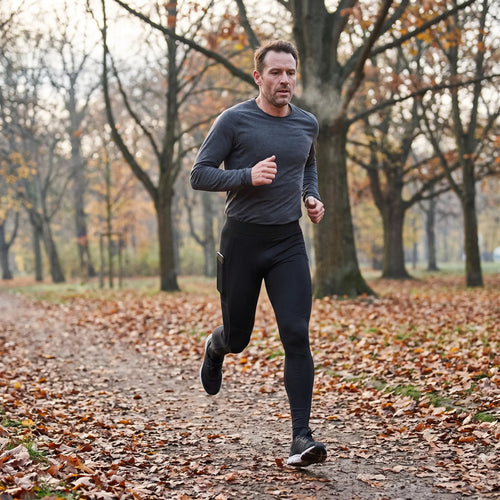 Coureur en collant de compression Flexnea sur un chemin de parc en automne