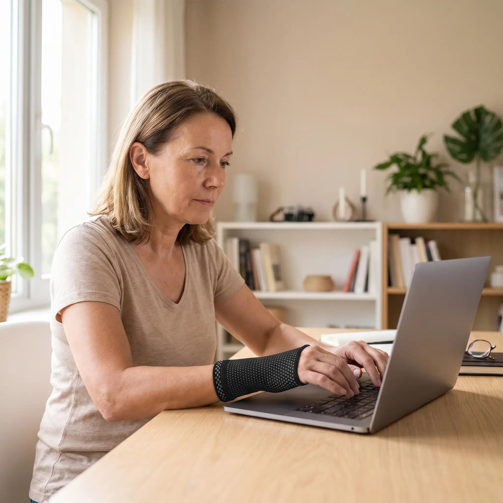 Femme travaillant au clavier avec le manchon de compression poignet Flexnea