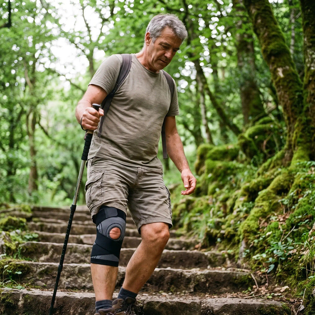Randonneur portant la genouillère de compression Flexnea en descente d'escalier