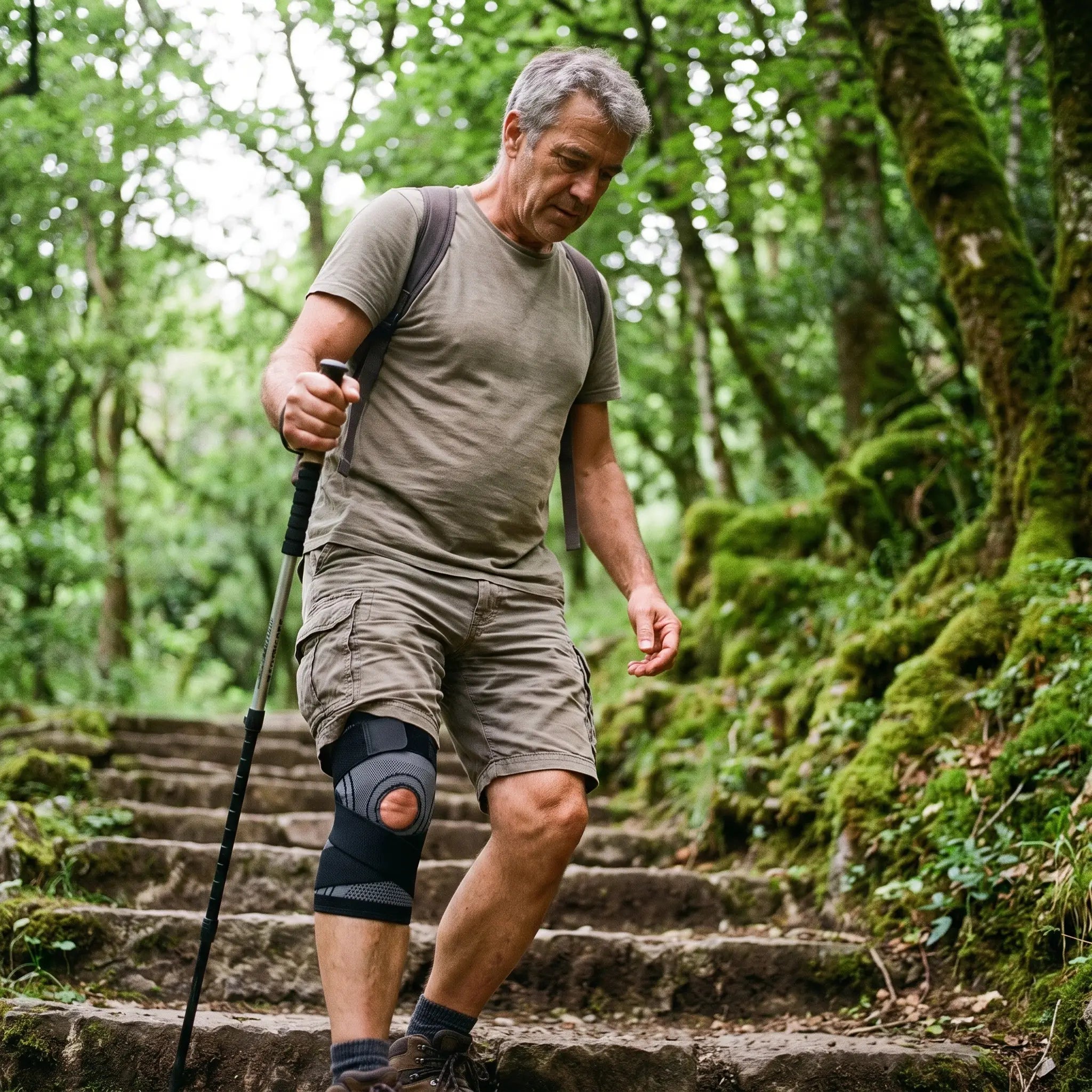 Randonneur portant la genouillère de compression Flexnea en descente d'escalier