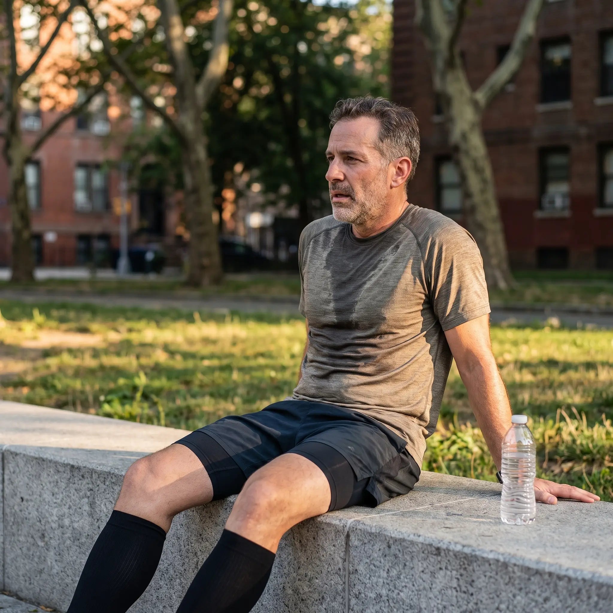 Coureur en récupération portant les manchons de compression mollet Flexnea