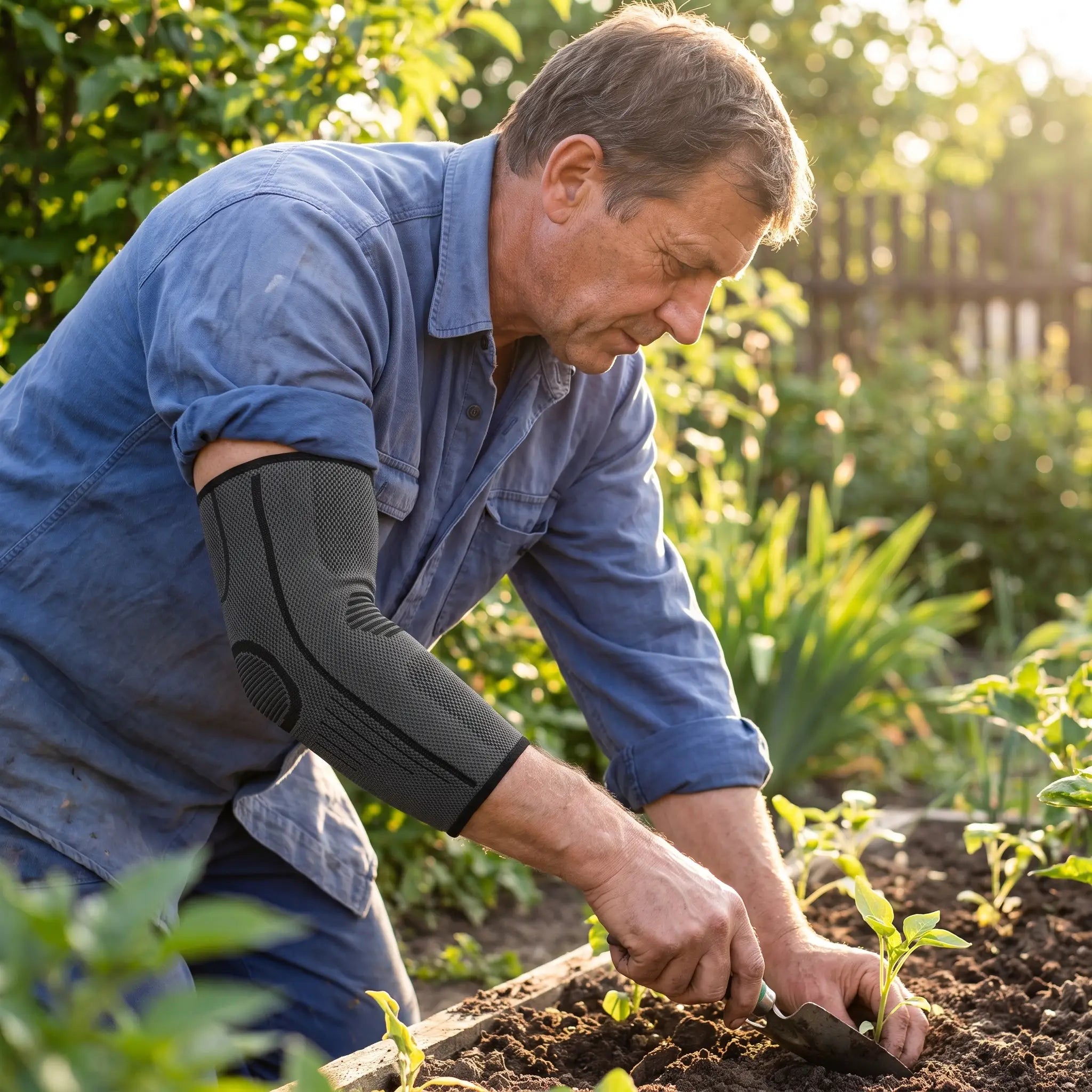 Jardinage avec la coudière de compression Flexnea à l'avant-bras