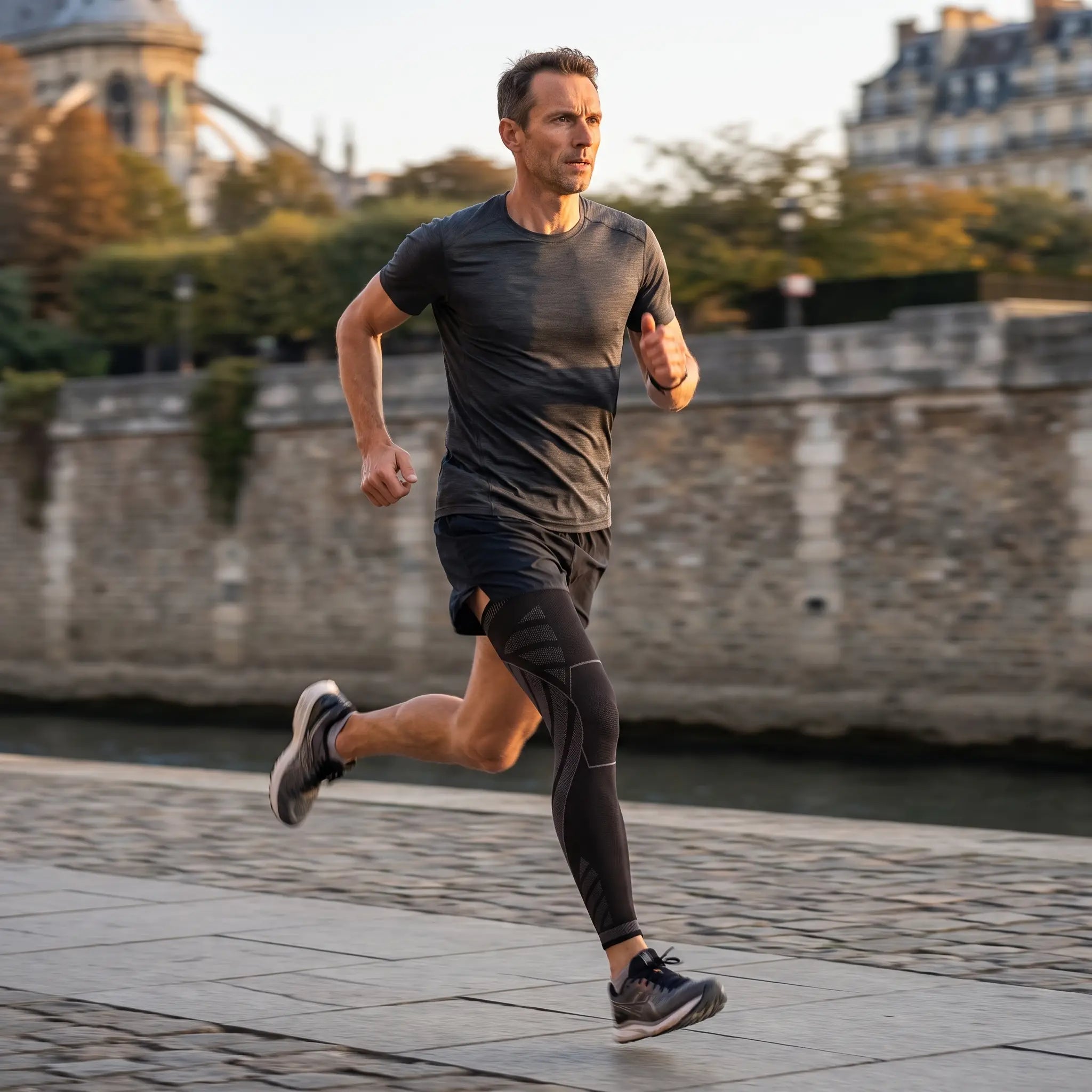 Coureur en tenue technique portant le manchon de compression Flexnea sur les quais au lever du jour