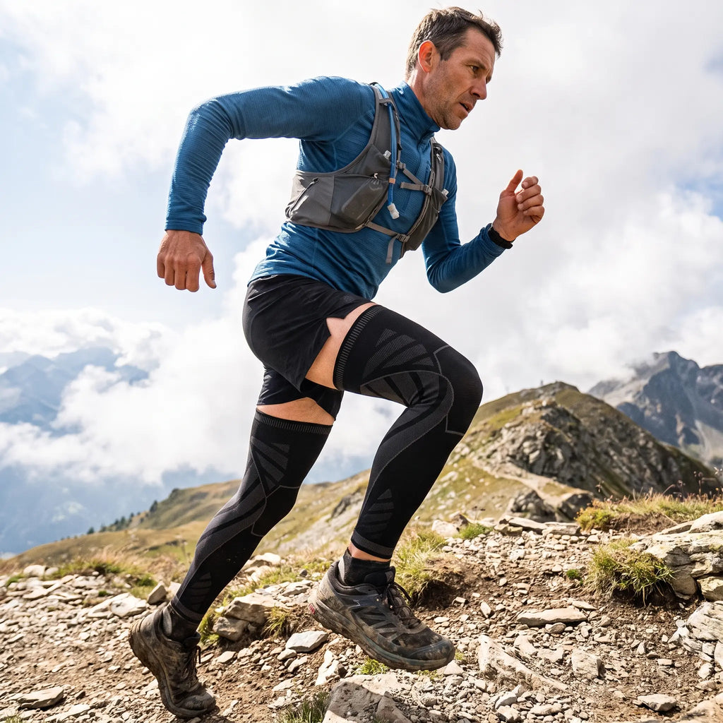 Traileur avec gilet d'hydratation portant les manchons de compression Flexnea en montée