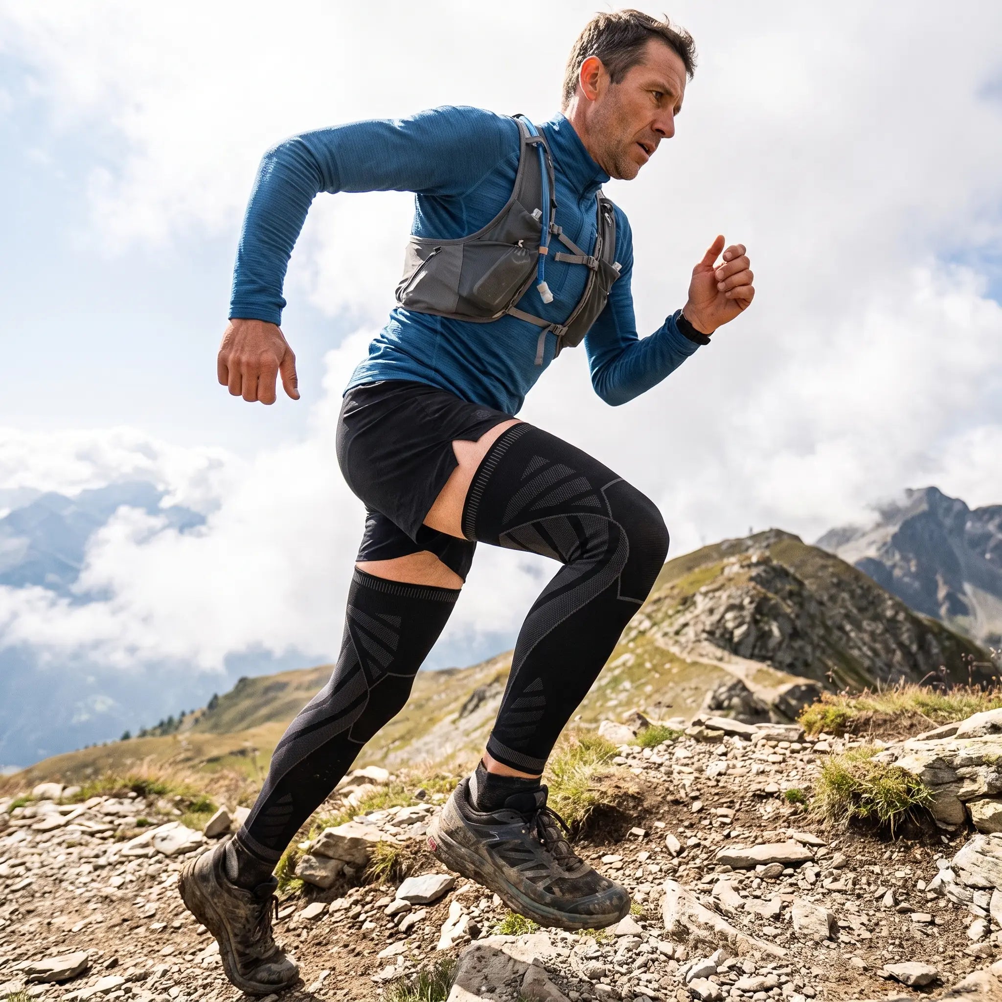 Traileur avec gilet d'hydratation portant les manchons de compression Flexnea en montée