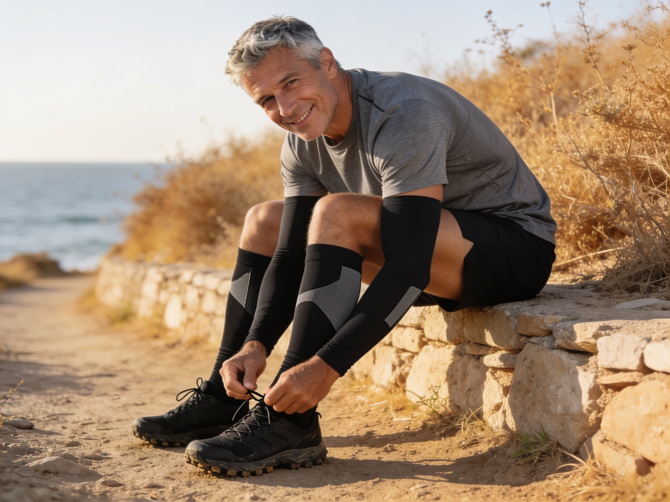 Sportif laçant ses chaussures, manchons de compression aux jambes