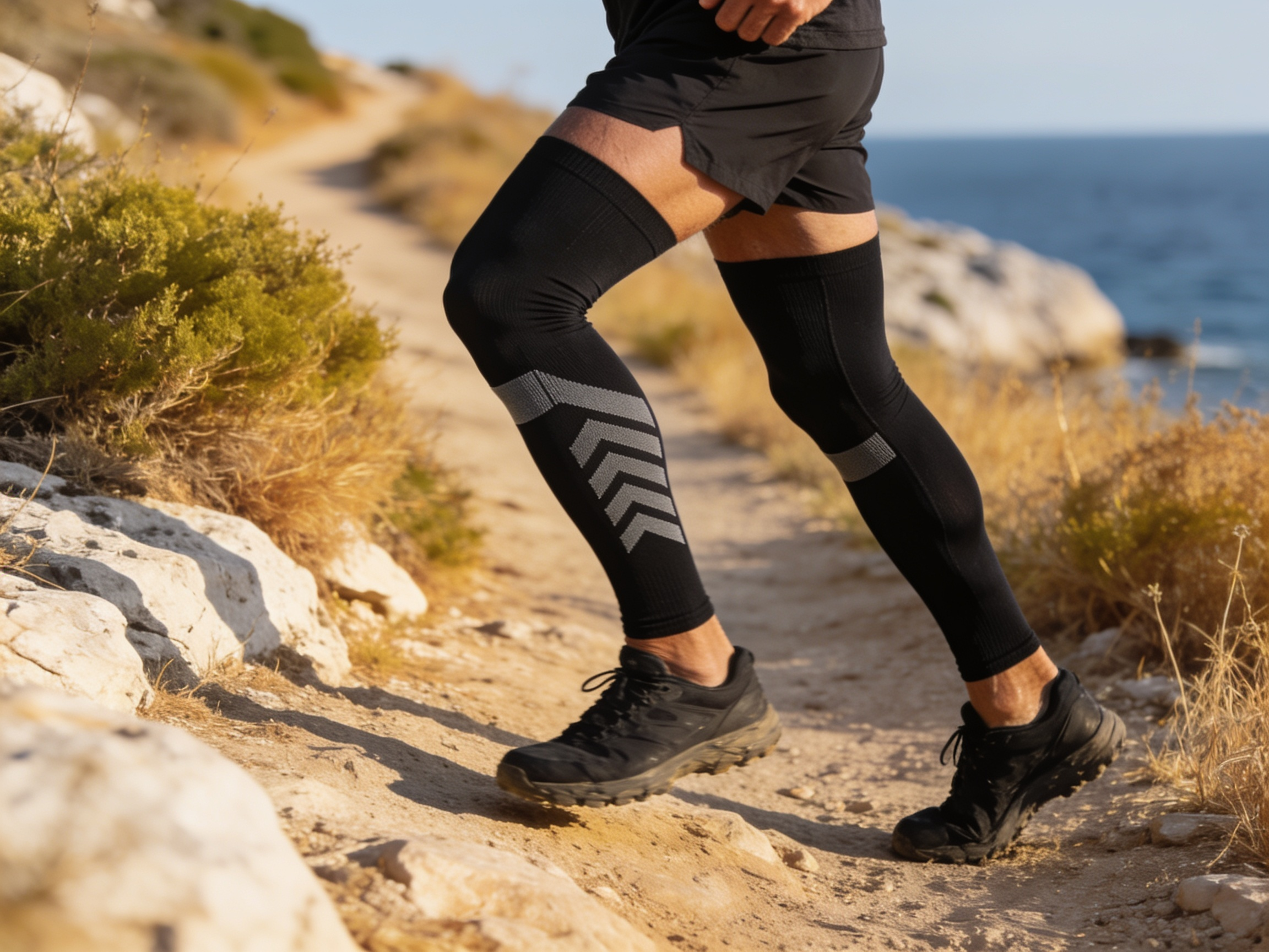 Manchons de compression jambe entière en action sur un sentier